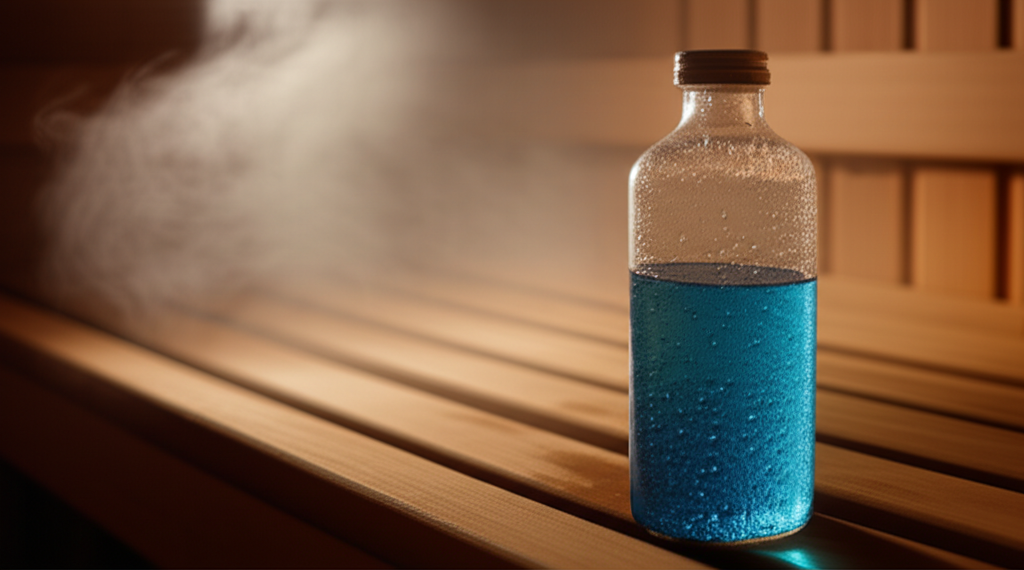 A water bottle with electrolytes next to a warm sauna bench